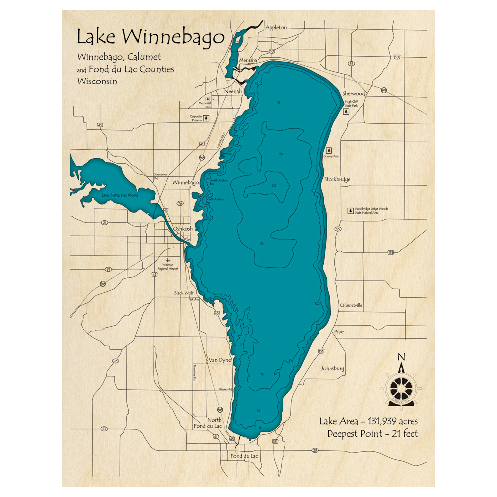 Bathymetric topo map of Lake Winnebago, WI with roads, towns and depths noted in blue water.