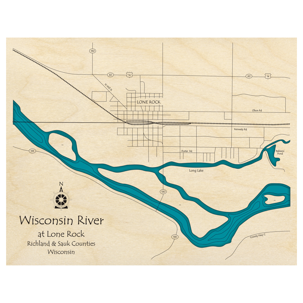 Bathymetric topo map of Wisconsin River, WI with roads, towns and depths noted in blue water.