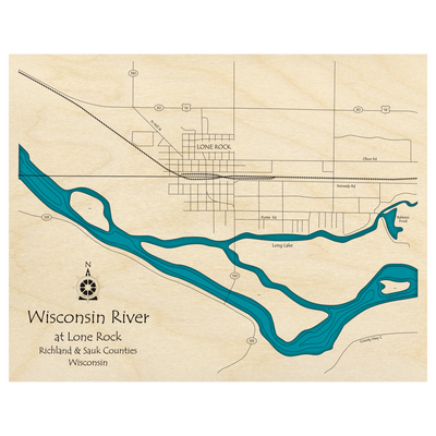 Bathymetric topo map of Wisconsin River, WI with roads, towns and depths noted in blue water.