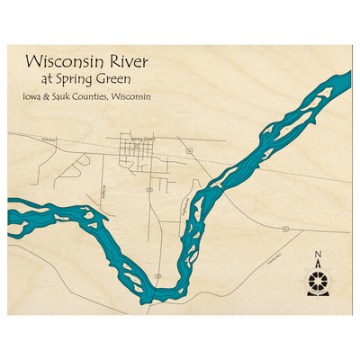Bathymetric topo map of Wisconsin River, WI with roads, towns and depths noted in blue water.