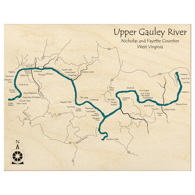 Bathymetric topo map of Gauley River, WV with roads, towns and depths noted in blue water.