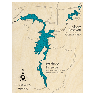 Bathymetric topo map of Pathfinder Reservoir, WY with roads, towns and depths noted in blue water.