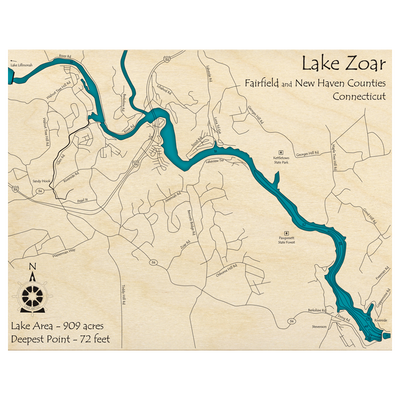 Bathymetric topo map of Lake Zoar, CT with roads, towns and depths noted in blue water.