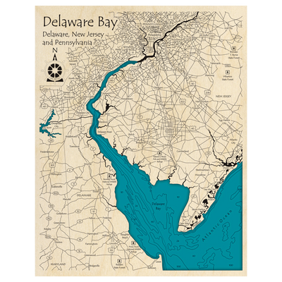 Bathymetric topo map of Delaware Bay (DE, NJ, PA) with roads, towns and depths noted in blue water.