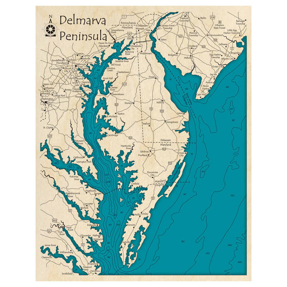 Delmarva Peninsula (DE, MD, VA) 3D Custom Wood Map – Lake Art LLC