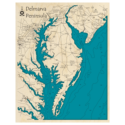 Bathymetric topo map of Delmarva Peninsula (DE, MD, VA) with roads, towns and depths noted in blue water.