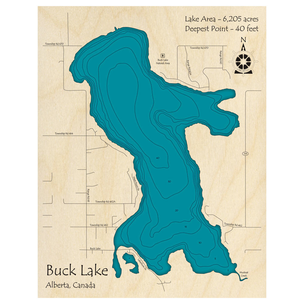 Bathymetric topo map of Buck Lake, AB with roads, towns and depths noted in blue water.