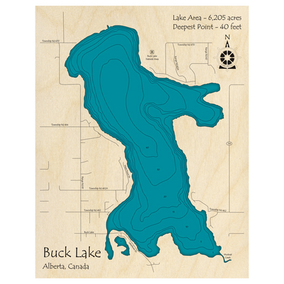 Bathymetric topo map of Buck Lake, AB with roads, towns and depths noted in blue water.