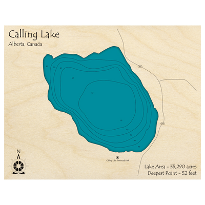 Bathymetric topo map of Calling Lake, AB with roads, towns and depths noted in blue water.