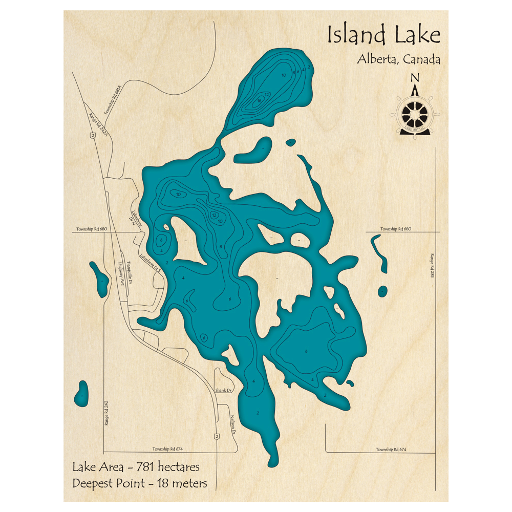 Bathymetric topo map of Island Lake, AB with roads, towns and depths noted in blue water.