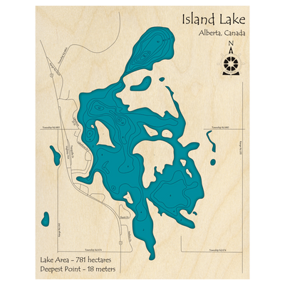 Bathymetric topo map of Island Lake, AB with roads, towns and depths noted in blue water.