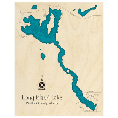 Bathymetric topo map of Long Island Lake, AB with roads, towns and depths noted in blue water.