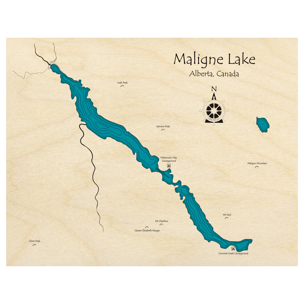 Bathymetric topo map of Maligne Lake, AB with roads, towns and depths noted in blue water.
