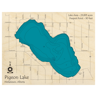 Bathymetric topo map of Pigeon Lake, AB with roads, towns and depths noted in blue water.