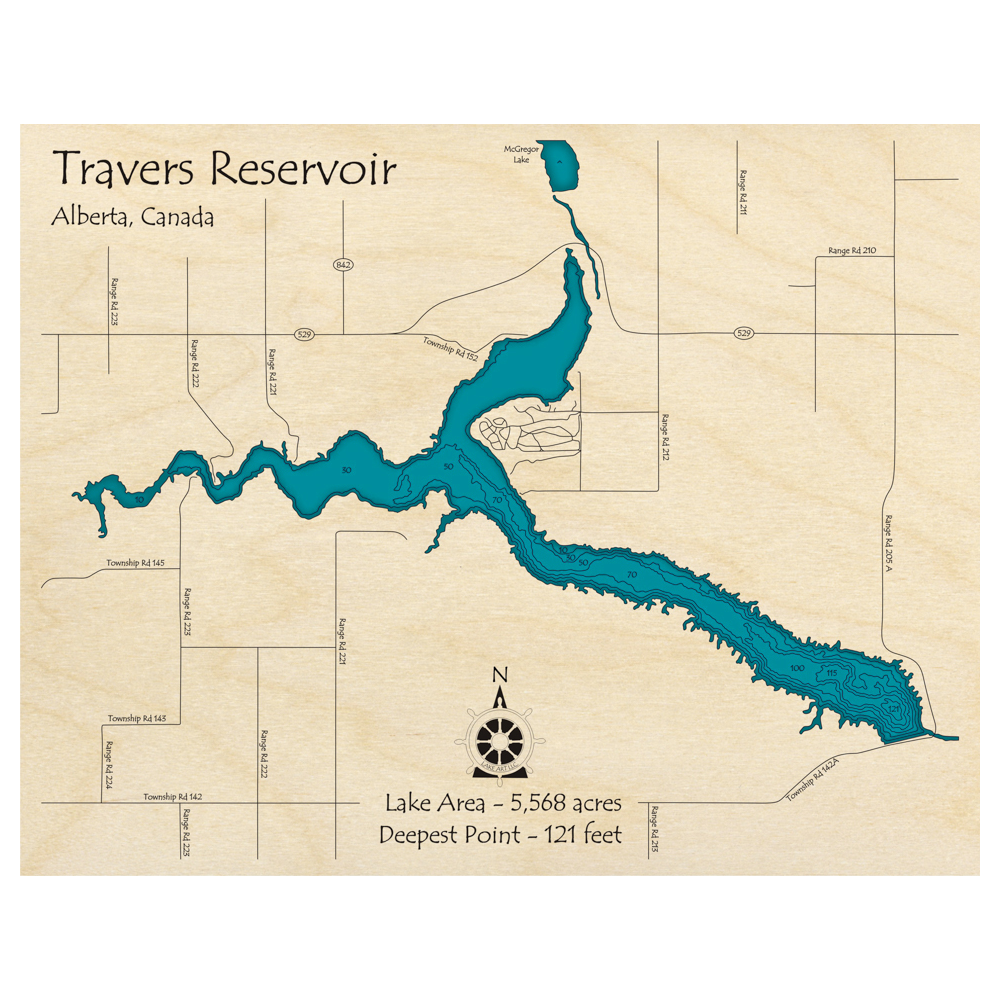 Bathymetric topo map of Travers Reservoir, AB with roads, towns and depths noted in blue water.
