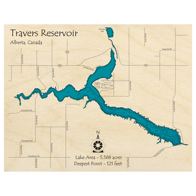 Bathymetric topo map of Travers Reservoir, AB with roads, towns and depths noted in blue water.
