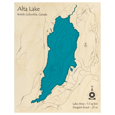 Bathymetric topo map of Alta Lake, BC with roads, towns and depths noted in blue water.