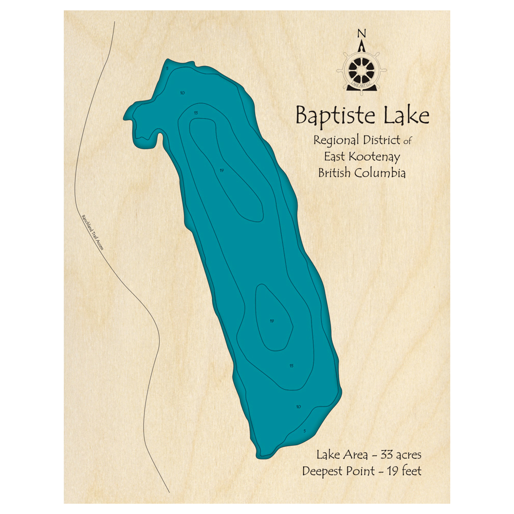 Bathymetric topo map of Baptiste Lake, BC with roads, towns and depths noted in blue water.
