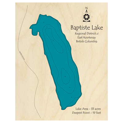Bathymetric topo map of Baptiste Lake, BC with roads, towns and depths noted in blue water.