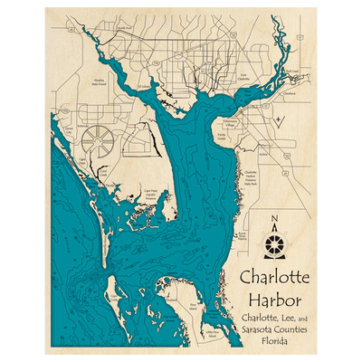 Bathymetric topo map of Charlotte Harbor, FL with roads, towns and depths noted in blue water.