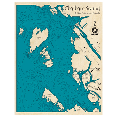 Bathymetric topo map of Chatham Sound, BC with roads, towns and depths noted in blue water.