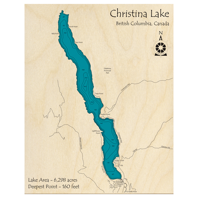 Bathymetric topo map of Christina Lake, BC with roads, towns and depths noted in blue water.
