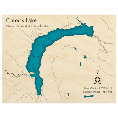 Bathymetric topo map of Comox Lake, BC with roads, towns and depths noted in blue water.