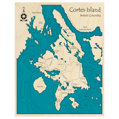 Bathymetric topo map of Cortes Island, BC with roads, towns and depths noted in blue water.