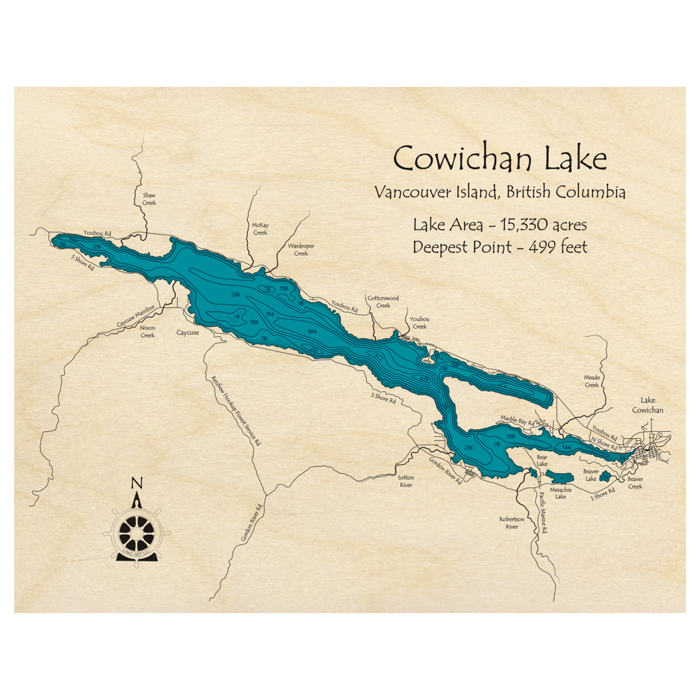 Bathymetric topo map of Cowichan Lake, BC with roads, towns and depths noted in blue water.