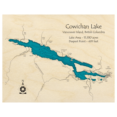 Bathymetric topo map of Cowichan Lake, BC with roads, towns and depths noted in blue water.
