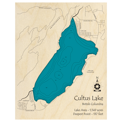 Bathymetric topo map of Cultus Lake, BC with roads, towns and depths noted in blue water.