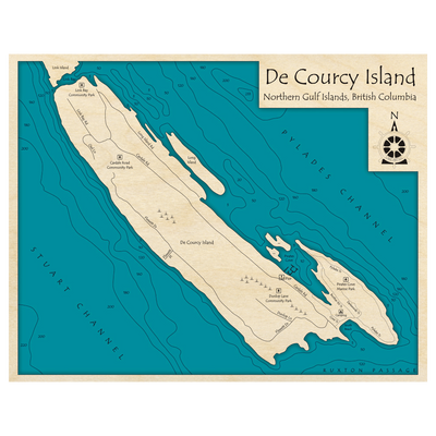 Bathymetric topo map of De Courcy Island, BC with roads, towns and depths noted in blue water.