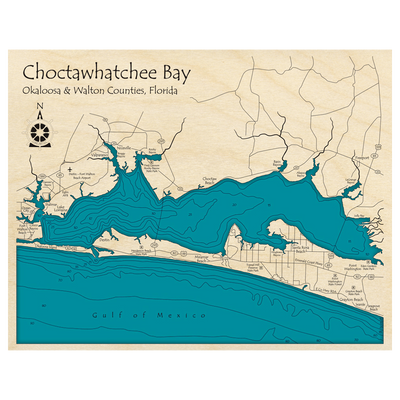 Bathymetric topo map of Choctowhatchee Bay, FL with roads, towns and depths noted in blue water.