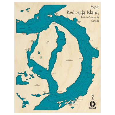 Bathymetric topo map of East Redonda Island, BC with roads, towns and depths noted in blue water.