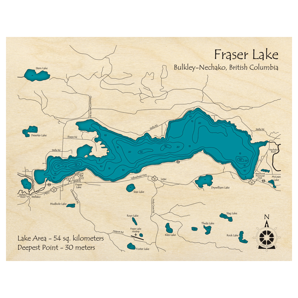 Bathymetric topo map of Fraser Lake, BC with roads, towns and depths noted in blue water.