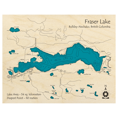 Bathymetric topo map of Fraser Lake, BC with roads, towns and depths noted in blue water.