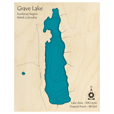 Bathymetric topo map of Grave Lake, BC with roads, towns and depths noted in blue water.