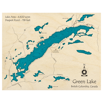 Bathymetric topo map of Green Lake, BC with roads, towns and depths noted in blue water.
