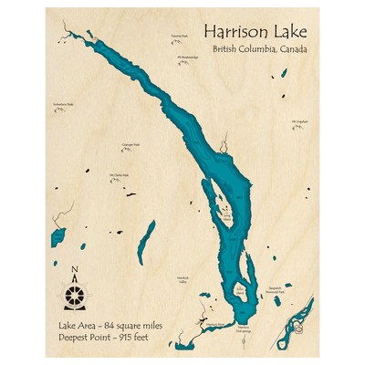Bathymetric topo map of Harrison Lake, BC with roads, towns and depths noted in blue water.