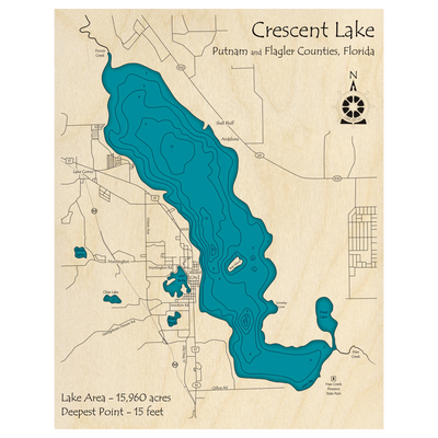 Bathymetric topo map of Crescent Lake, FL with roads, towns and depths noted in blue water.