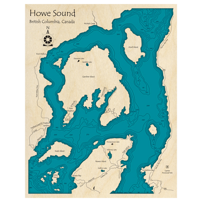 Bathymetric topo map of Howe Sound and Gambier Island, BC with roads, towns and depths noted in blue water.