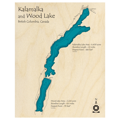 Bathymetric topo map of Kalamalka Lake and Wood Lake, BC with roads, towns and depths noted in blue water.
