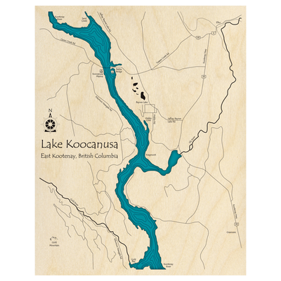Bathymetric topo map of Lake Koocanusa, BC with roads, towns and depths noted in blue water.