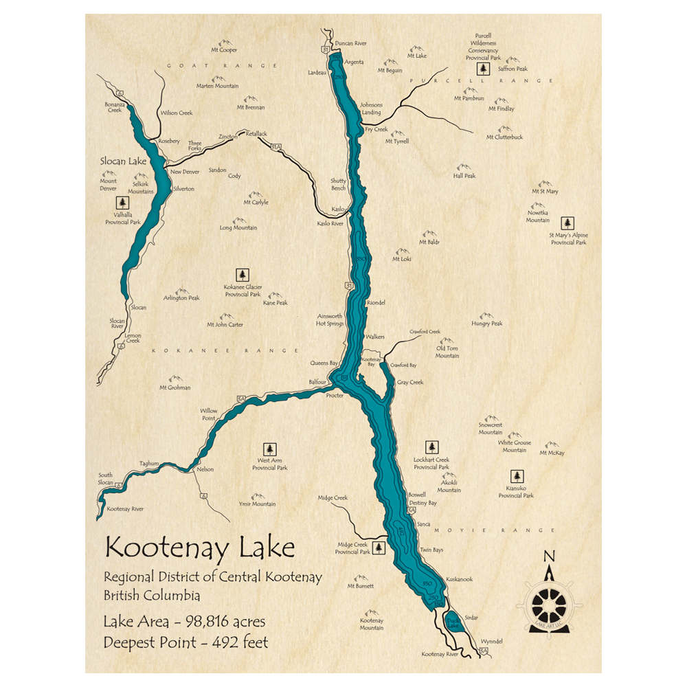 Bathymetric topo map of Kootenay Lake, BC with roads, towns and depths noted in blue water.
