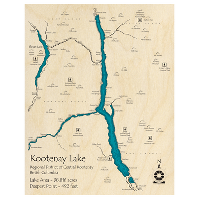 Bathymetric topo map of Kootenay Lake, BC with roads, towns and depths noted in blue water.