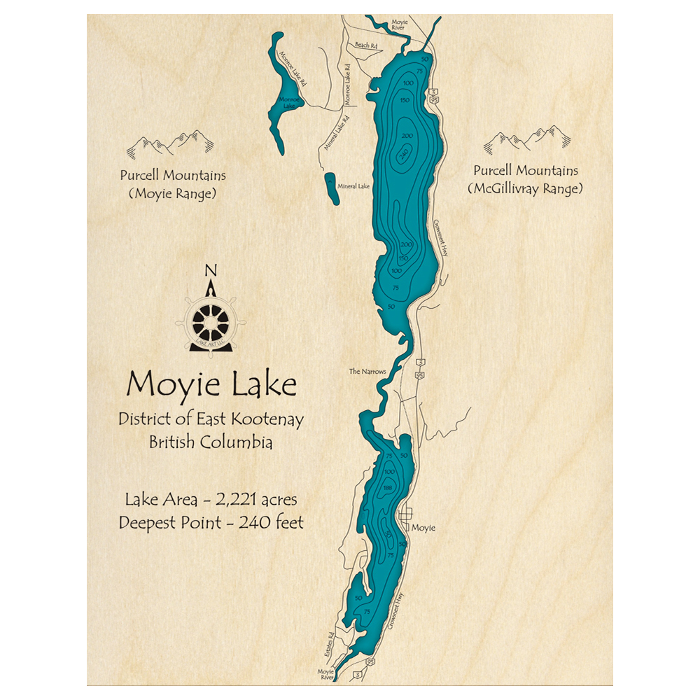 Moyie Lake, British Columbia 3D Custom Wood Map – Lake Art LLC