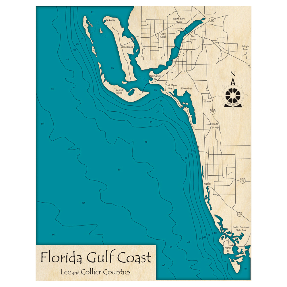 Bathymetric topo map of Florida Gulf Coast, FL with roads, towns and depths noted in blue water.