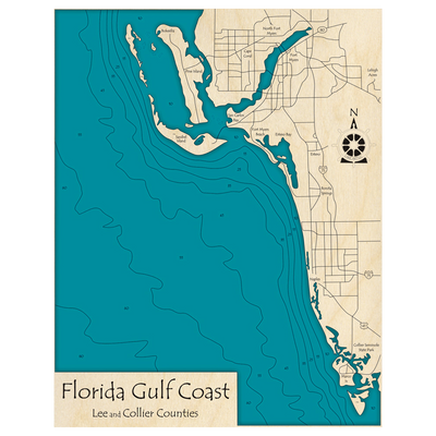 Bathymetric topo map of Florida Gulf Coast, FL with roads, towns and depths noted in blue water.