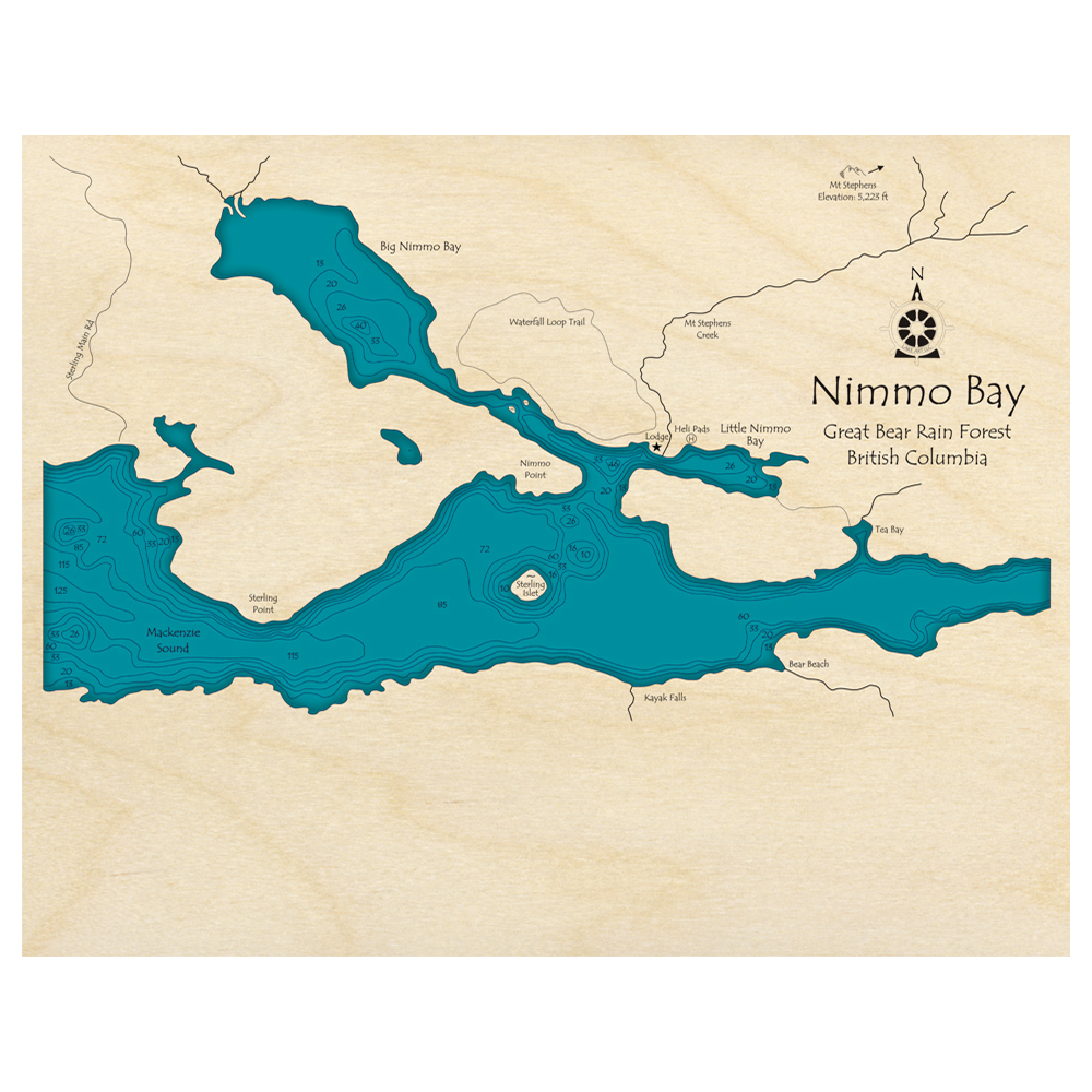 Bathymetric topo map of Nimmo Bay, BC with roads, towns and depths noted in blue water.
