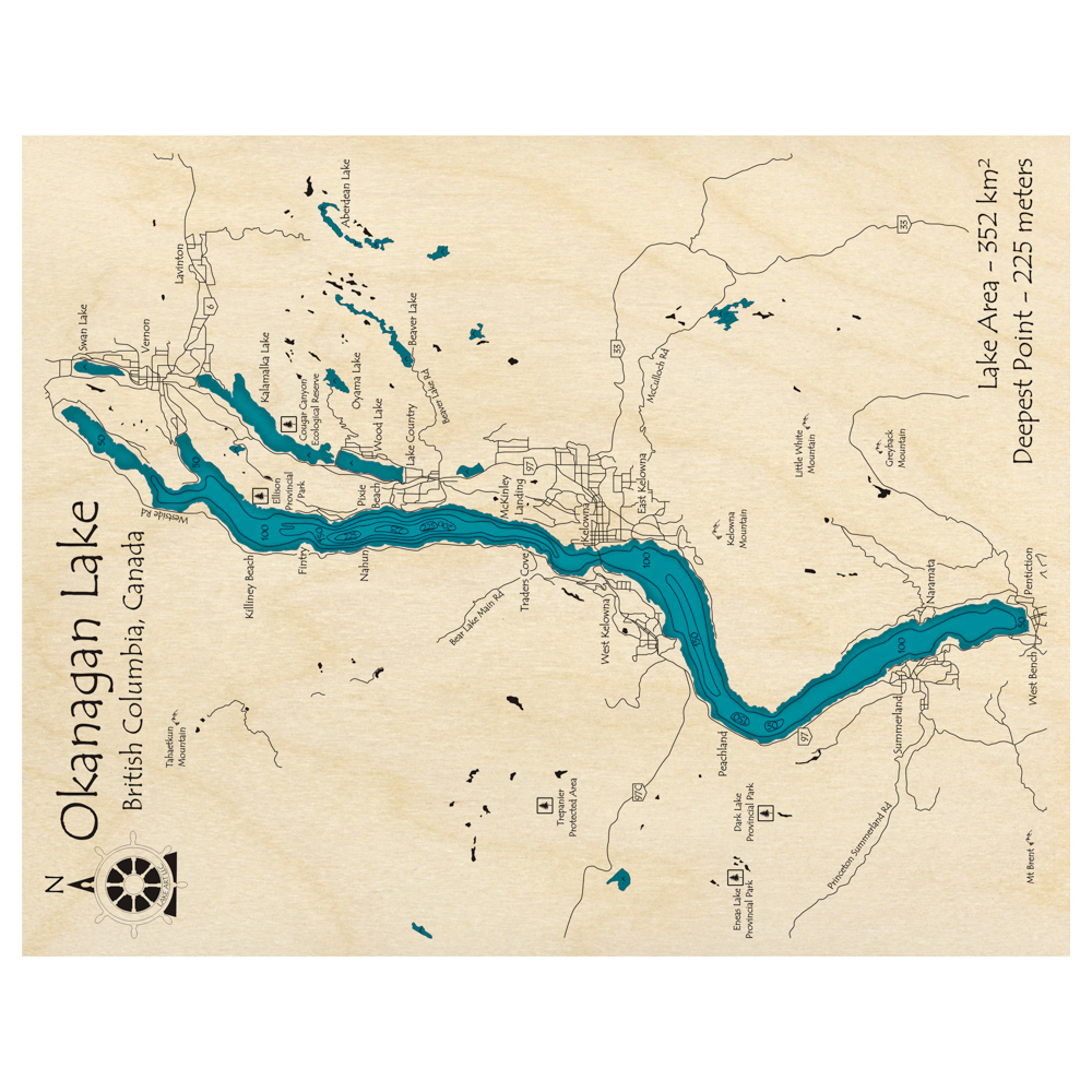 Bathymetric topo map of Okanagan Lake, BC with roads, towns and depths noted in blue water.